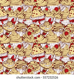 Seamless pattern with hand drawn decorated sweet cupcakes - background for cafe, menu, birthday design, etc. 4 color image in vintage style.