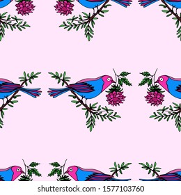 Seamless pattern with hand drawn decorative bright birds on cold pink. A bird sits on a branch and holds a flower in its beak. Vector background with cute birds for cards, design, fabric, textile.