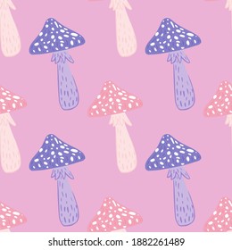 Patrón inmaculado con hongos decorativos de color azul y rosa dibujados a mano. Fondo rosa. Diseñado para el diseño de tejidos, impresión textil, envoltura, cubierta. Ilustración vectorial.