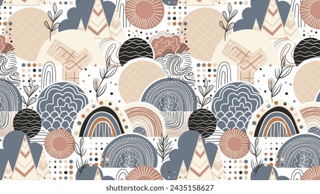 Seamless pattern with hand drawn decorative elements. Scandinavian style. Vector illustration.
