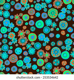 Seamless pattern with hand drawn decorative circles and round ornamental elements in ethnic style. Clipping mask is used, vector illustration.