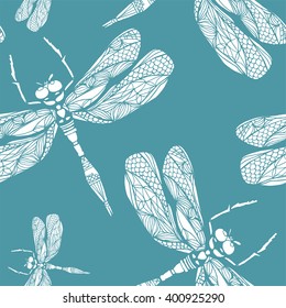 Seamless pattern with hand drawn decorative dragonfly