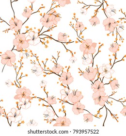 Seamless pattern with hand drawn decorative cherry blossom flowers, design elements. Floral pattern for wedding invitations, greeting cards, scrapbooking, print, gift wrap on white.