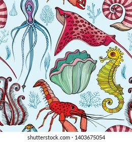 Seamless pattern with hand drawn deepwater living organisms, vector illustration