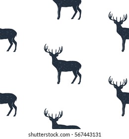 Seamless pattern with hand drawn deer vector illustration. White background.