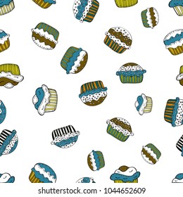 Seamless pattern with hand drawn delicious cupcakes on white, blue and black. Beautiful food design elements, perfect for prints and patterns. Vector illustration.