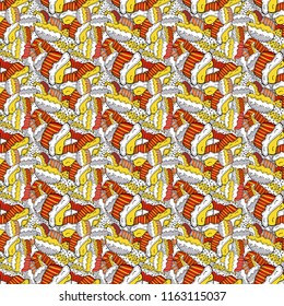 Seamless pattern with hand drawn delicious cupcakes on white, yellow and black. Beautiful food design elements, perfect for prints and patterns. Vector illustration.