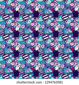 Seamless pattern with hand drawn delicious cupcakes on black, blue and white. Vector illustration. Beautiful food design elements, perfect for prints and patterns.