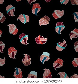 Seamless pattern with hand drawn delicious cupcakes on black, neutral and white. Vector illustration. Beautiful food design elements, perfect for prints and patterns.