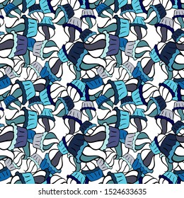 Seamless pattern with hand drawn delicious cupcakes on white, black and blue. Vector illustration. Beautiful food design elements, perfect for prints and patterns.