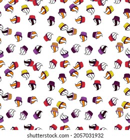 Seamless pattern with hand drawn delicious cupcakes on purple, black and white. Vector illustration. Beautiful food design elements, perfect for prints and patterns.