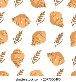 Seamless pattern of hand drawn delicious croissants and wheat germ. Modern flat illustration for print design.