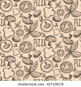 Seamless pattern hand drawn delicious pizza with tomatoes, mozzarella, champignons,oregano,pepper,onion and olives. Vector