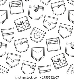 Nahtloses Muster mit handgezeichneten denim Pflastertaschen. Doodle Vektorgrafik auf weißem Hintergrund