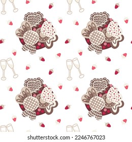 Seamless pattern with hand drawn desert and berry elements. Valentines Day, anniversary or wedding illustration.