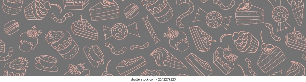 Seamless pattern with hand drawn desserts. Sweets and cakes on gray background. Vector illustration.