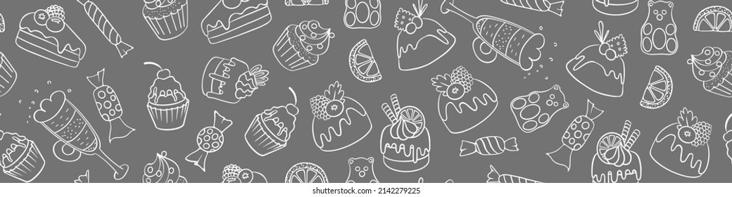 Seamless pattern with hand drawn desserts. Sweets and cupcakes on gray background. Vector illustration.