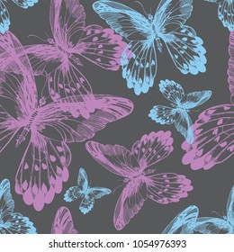 Seamless pattern with hand drawn detailed butterflies. Print. Cloth design, wallpaper