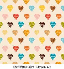 Seamless pattern of hand drawn diamonds in red, blue, yellow, green, brown, pink. Colorful vector illustration. Abstract background for print, textile, home decor, packaging, wrapping, web use. 