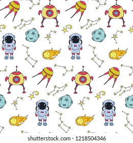 Seamless pattern with hand drawn different space objects. Vector illustration.
