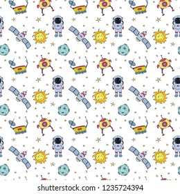 Seamless pattern with hand drawn different space objects. Vector illustration.