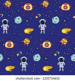 Seamless pattern with hand drawn different space objects. Vector illustration.