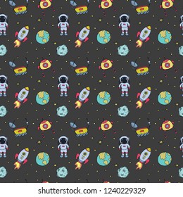 Seamless pattern with hand drawn different space objects. Vector illustration.