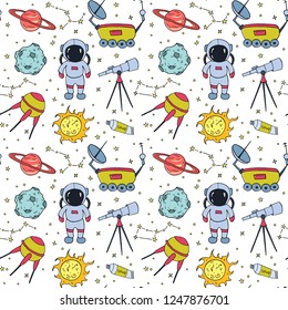 Seamless pattern with hand drawn different space objects. Vector illustration.