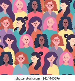 Seamless pattern with hand drawn different girls. Feminism, women, girl power. Modern style flat vector for background, wallpaper, textile, fabric, gift wrap.