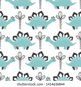Seamless pattern with hand drawn different cute dinosaurs. Childish texture for fabric, textile, vector fill. Vector background 