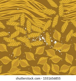 Seamless pattern with hand drawn different pasta varieties on brown backdrop with texture. Background design for textile, wallpaper, wrapping, card. Decoration for kitchen. Stock vector illustration
