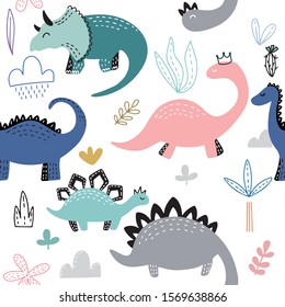 Seamless pattern with hand drawn different cute dinosaurs. Childish texture for fabric, textile, vector fill. Vector background 