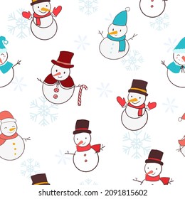 Seamless pattern with hand drawn different snowmen and snowflakes. Winter pattern in children pencil drawing style. Texture for print, background, textile. Vector EPS 10