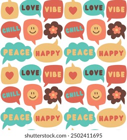 Seamless pattern of hand drawn different shape speech bubbles in retro colors. Vector background with hippie elements for text	