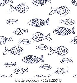 Seamless Pattern with hand drawn different kind and size of Fishes on the bright background. 