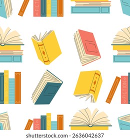  Seamless pattern with hand drawn different stacks and piles of books, open and closed books isolated on white background. 