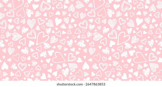 Padrão sem costura com mão desenhado diferentes formas do coração. White Hearts no fundo rosa. Papel de parede infinito para têxtil, tecido, embalagem, impressões, Dia dos Namorados. Estilo Doodle, vetor 