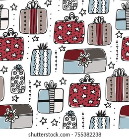 Seamless pattern with hand drawn different gift boxes. Cute design. Colorful creative presents. Happy holiday. It can be used for wallpaper, textiles, wrapping, card. Vector illustration, eps10