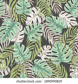 Seamless pattern of hand drawn and digitally painted tropical leaves on a dark grey background