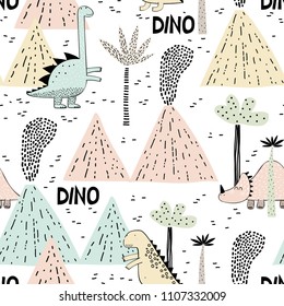 Nahtloses Muster mit handgezeichnetem Dino im skandinavischen Stil. Kreativer, kinetischer Hintergrund für Stoff, Textilien, Tapete für Kindergarten. Vektorgrafik.