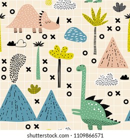 Seamless pattern with hand drawn dino in scandinavian style. Creative vector childish background for fabric, textile, nursery wallpaper. Vector Illustration.