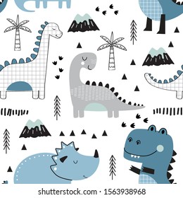 Seamless pattern with hand drawn dino in scandinavian style, Childish creative Vector