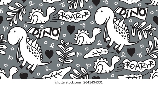 Seamless pattern with hand drawn dino in scandinavian style for textiles, clothes, t-shirts, wrapping paper and more.