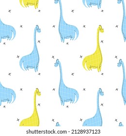 Seamless pattern with hand drawn dinosaur. Brachiosaurus. Scandinavian style, flat style, doodle. Children's design. Vector.