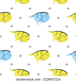 Seamless pattern with hand drawn dinosaur. Tyrannosaurus. Scandinavian style, flat style, doodle. children's design. Vector.