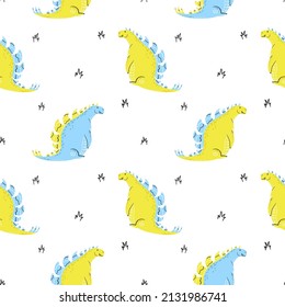 Patrón sin foco con dinosaurio dibujado a mano. Estegosaurio. Estilo escandinavo, estilo plano, doodle. Diseño infantil. Vector.