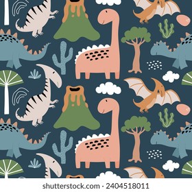 Seamless pattern with hand drawn dinosaur in Childish  style.