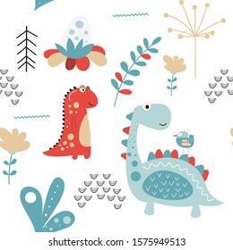 Seamless pattern with hand drawn dinosaurs, birds, dino eggs in scandinavian style. Vector Illustration. Kids illustration for nursery design. Great for baby clothes, wrapping paper.