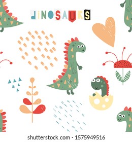 Seamless pattern with hand drawn dinosaurs, dinosaur baby and plants in scandi style. Vector Illustration. Kids illustration for nursery design. Dino style trendy for baby clothes, wrapping paper.