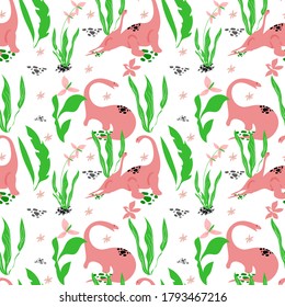 seamless pattern with hand drawn dinosaurs and tropical plants. 